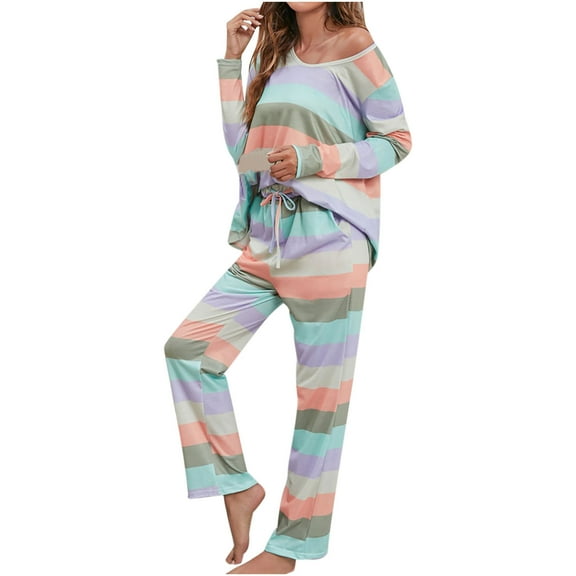 Loungewear 2 Pieces Outfits Color Block Long Sleeve Tops Pullover Wide Leg Pants Soft Pajamas Sets PJs Sleepwear Womens Clothes