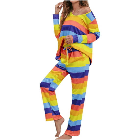 Loungewear 2 Pieces Outfits Color Block Long Sleeve Tops Pullover Wide Leg Pants Soft Pajamas Sets PJs Sleepwear