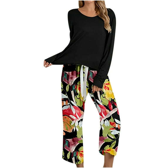 Loungewear 2 Pieces Outfits Color Block Long Sleeve Tops Pullover Wide Leg Pants Soft Pajamas Sets PJs Sleepwear