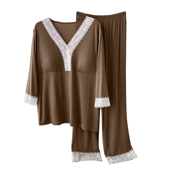 Loungewear Outfits for Women 2 Piece Modal Cotton Sleepwear Pant Sets Lace Trim Long Sleeve Pajama Top and Pj Bottom (2XL, Brown)