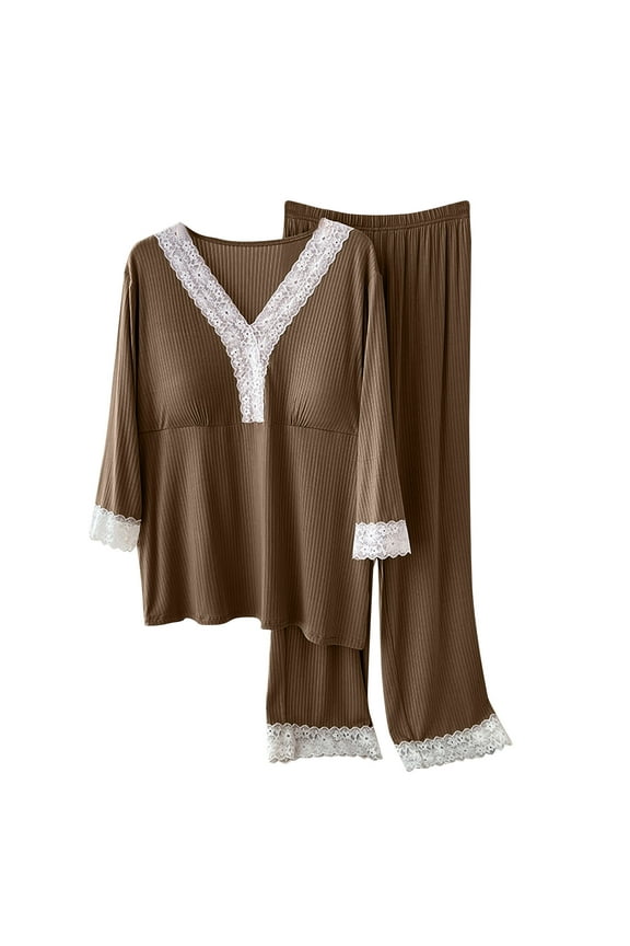 Loungewear Outfits for Women 2 Piece Modal Cotton Sleepwear Pant Sets Lace Trim Long Sleeve Pajama Top and Pj Bottom (2XL, Brown)