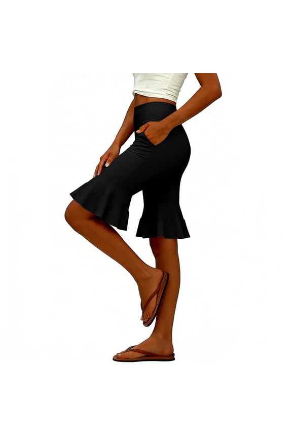 Loungewear Pants High Waisted Ruffle Hem Yoga Shorts - Women's Flared Knee Length Shorts with Pockets Breathable High Waisted Ruffle Hem Yoga Shorts for Dance Casual Wear Black L