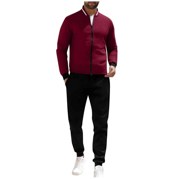 Loungewear Set for Men Baseball Collar Jacket Baggy Joggers Casual Tracksuit for Outdoor Sports and Everyday Wear Wine L