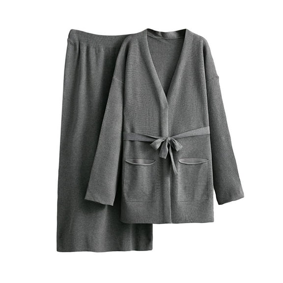 Loungewear Set for Women Knit Two Piece Outfit Long Sleeve Cardigan Belted Top and Skirt Pajama Set