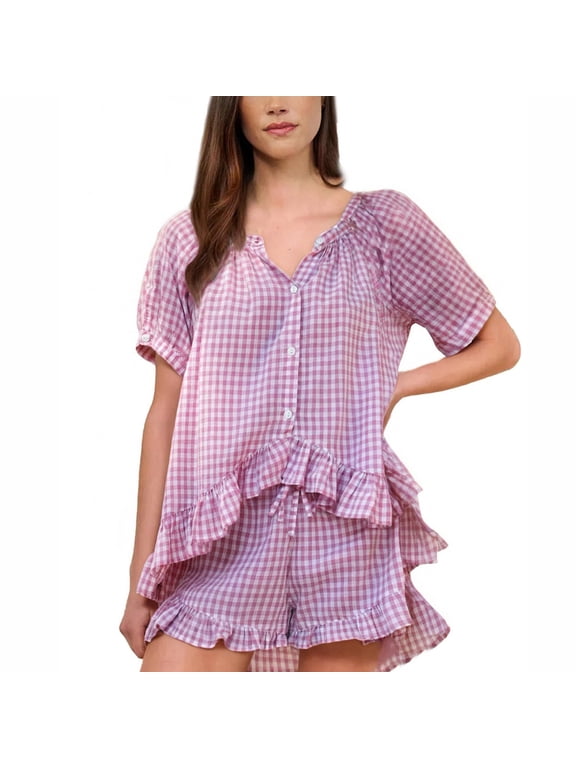 Loungewear Sets Woman Checkered Ruffled Sleeve Casual Short Pajama Set,Purple M
