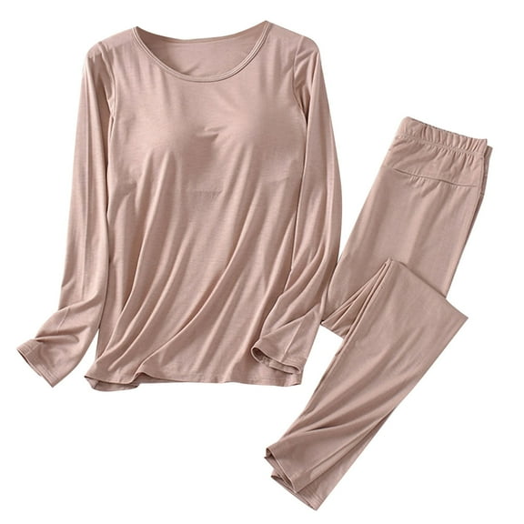 Loungewear Sets Woman New Women's Pajama Sets Long Sleeve Round Neck Shirts with Built in Bra Sleepwear Nightwear Soft Pjs Lounge Sets Khaki L