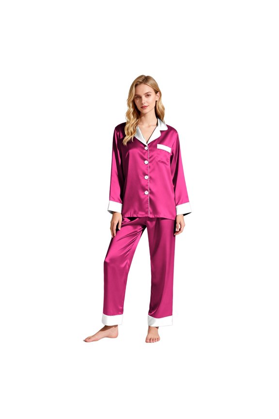 Loungewear Sets Woman Satin Classic Button Down Long Sleeve Comfy Pajama Set,Hot Pink 3XL