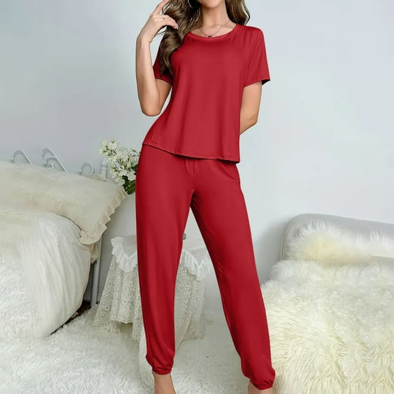 Loungewear Sets Woman,Women's Milk Silk Solid Color Fashionable Casual Loose Round Neck Pajama Set Gift for Women