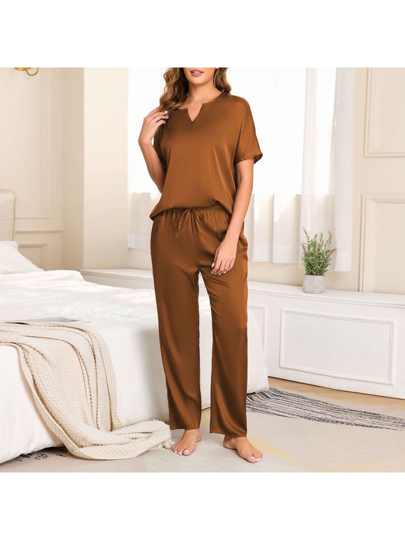 Loungewear Sets for Women Fall New Soft Comfy Pajama Sets for Women 2 Piece V Neck Short Sleeve Tops and Wide Leg Pants Casual Loose Loungewear Brown M