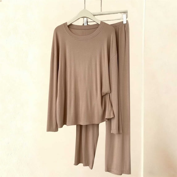 Loungewear Sets for Women Long Sleeve Tops and Wide Leg Pant Soft Comfy Loose Pajama 2 Piece Outfits New Trendy Sweatsuits Women 2 Piece Outfit Khaki XL