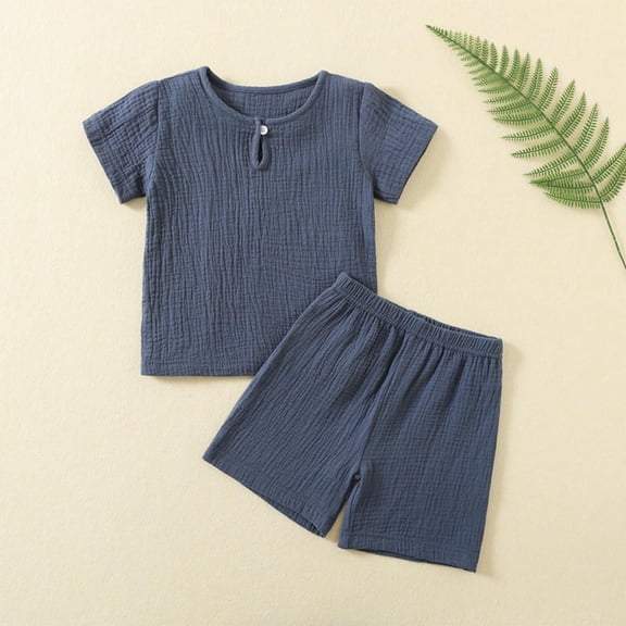 Loungewear Sets for Toddlers Girls Boys 18M-4Y Cotton Linen Two Piece Outfits Kids Lightweight Solid Short Sleeve Tops and Shorts Suits Set
