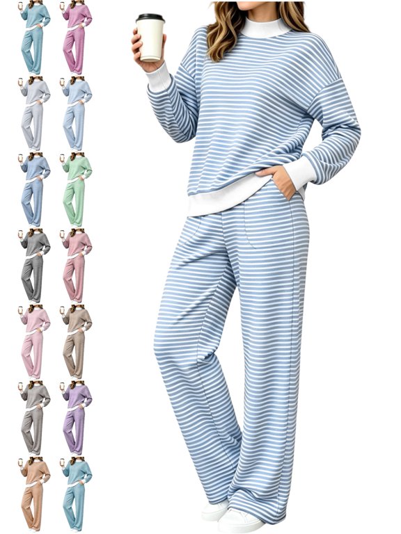 Loungewear Sets for Women Casual Matching 2 Piece Outfit for Women Mock Neck Long Sleeve Striped Ribbed Trim Knit Set