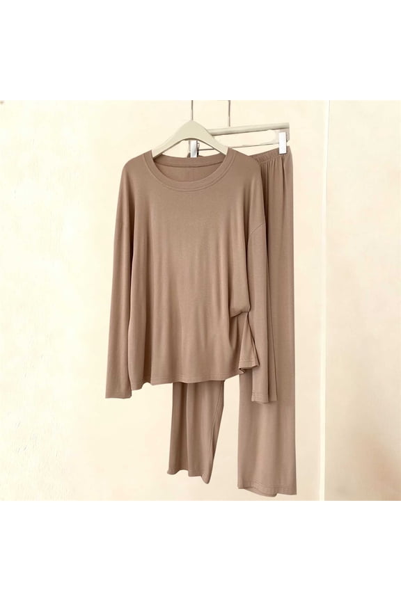 Loungewear Sets for Women Long Sleeve Tops and Wide Leg Pant Soft Comfy Loose Pajama 2 Piece Outfits New Fall Travel Clothes for Women Khaki L