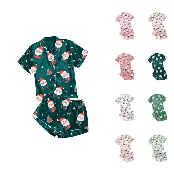 Loungewear for Women – Comfy Pajama Shorts Women's Casual Printed Pyjama Set Silk Satin Short Sleeve Button Down Top And Shorts Set