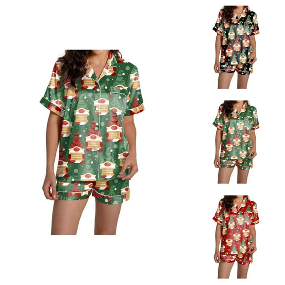 Loungewear for Women – Summer Pajama Shorts Set Women's Casual Christmas Print Pajama Set Silk Satin Short Sleeve Button Up Top And Shorts Set