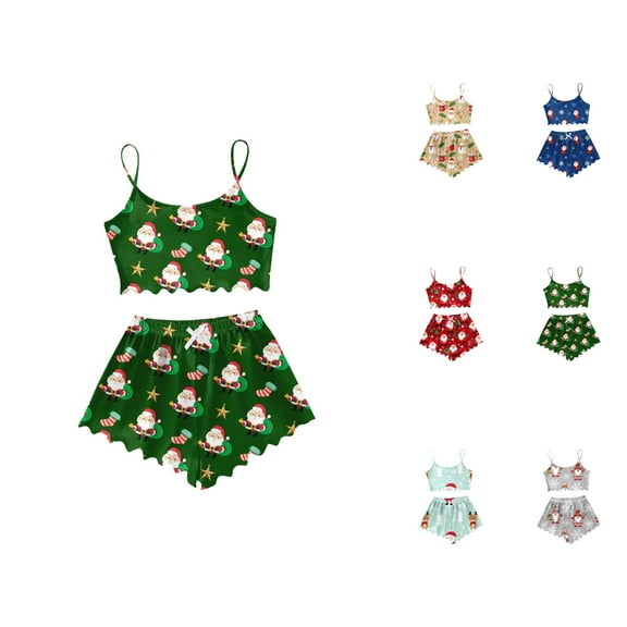 Loungewear for Women – Summer Pajama Shorts Set Women's Snowman Print Sleeveless Vest & Shorts Set Lightweight Sleepwear Two Piece