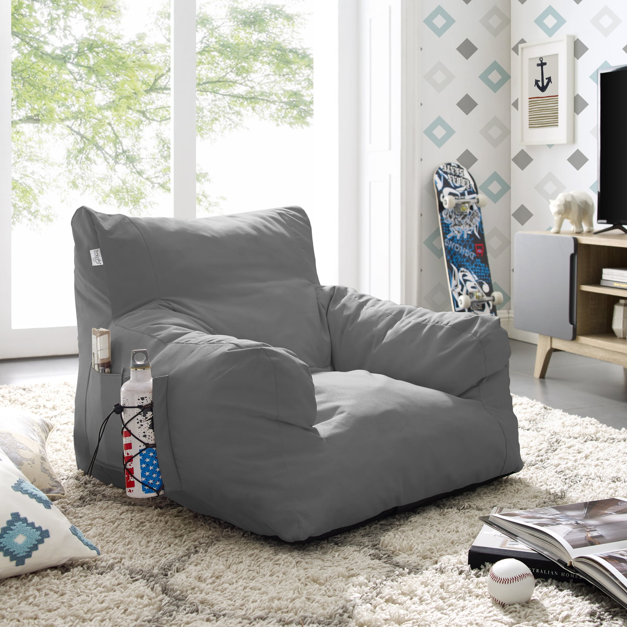 Loungie Comfy Foam Bean Bag Chair Nylon Indoor/ Outdoor Self Expanding  Water Resistant Light Gray