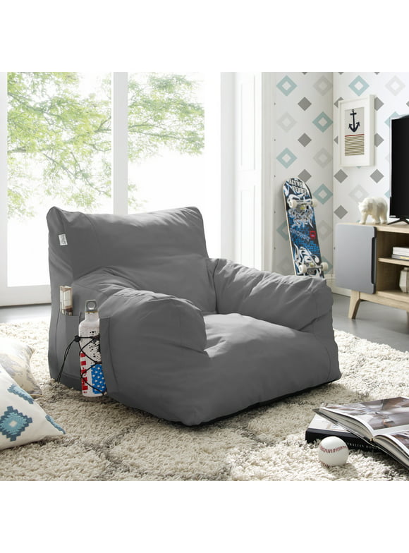 Loungie Comfy Foam Bean Bag Chair Nylon Indoor/ Outdoor Self Expanding Water Resistant Light Gray