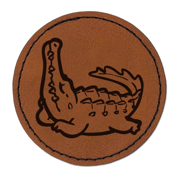 Lounging Crocodile Alligator Basking Round Iron-On Engraved Faux Leather Patch Applique - 2.5 Inch - Brown