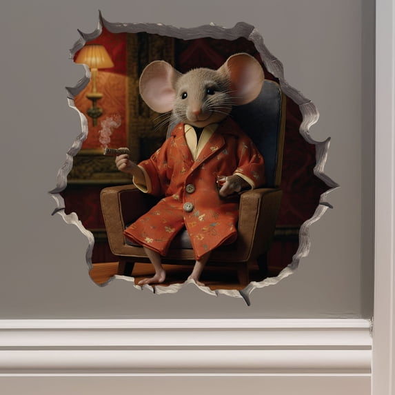 Lounging Gentlemen Mouse in Mouse Hole Decal - Mouse Hole 3D Wall Sticker