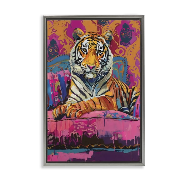 Stupell Industries Lounging Tiger over Orange Pink Gray Framed Floater Canvas Wall Art, design by LSR Design Studio