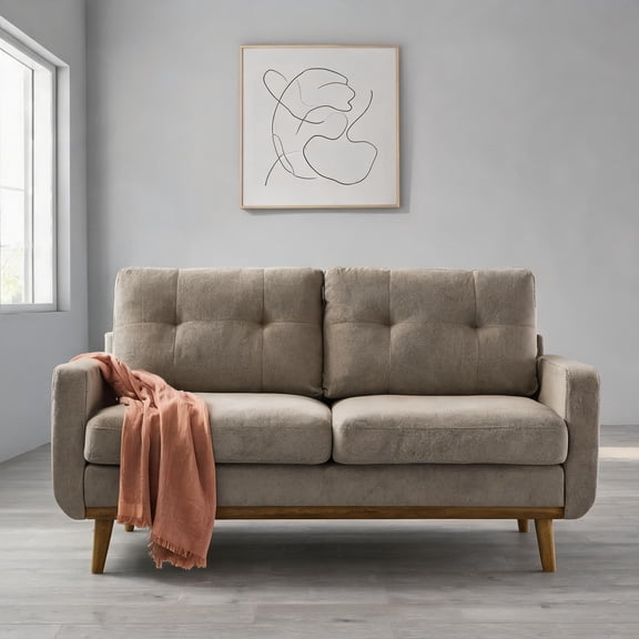 Lounging Two-Seat Tufted Loveseat Sofa, Mid-Century Modern, Polyester Upholstered with Wood Legs, Camel, for Living Room Lounge