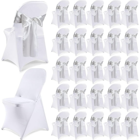 Lounweer 50 Pcs Folding Chair Cover Set with 25 Stretch Spandex Slipcovers 25 Satin Chair Sashes Bows Ribbon Washable Banquet Protector for Wedding Event Party(White, Silver)