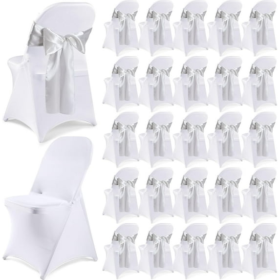 Lounweer 50 Pcs Folding Chair Cover Set with 25 Stretch Spandex Slipcovers 25 Satin Chair Sashes Bows Ribbon Washable Banquet Protector for Wedding Event Party(White, Silver)