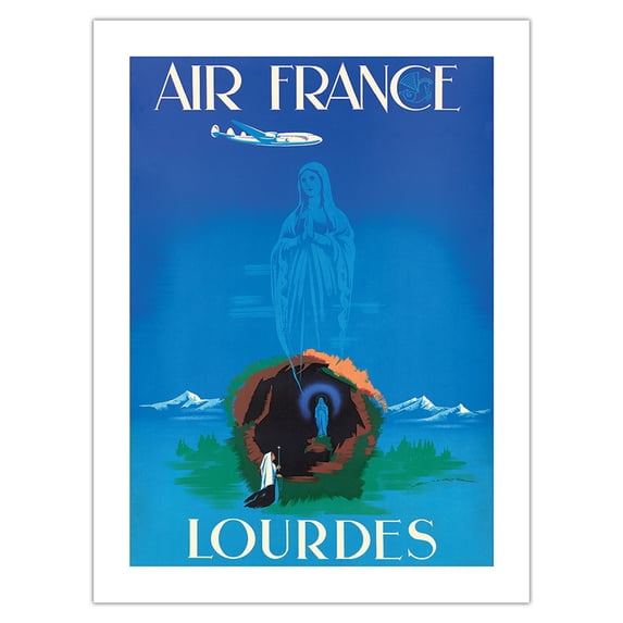 Lourdes - Virgin Mary - Our Lady of Lourdes - France - Vintage Airline Travel Poster by Edmond Maurus c.1950s - Bamboo Fine Art 290gsm Paper Print (Unframed) 18x24in