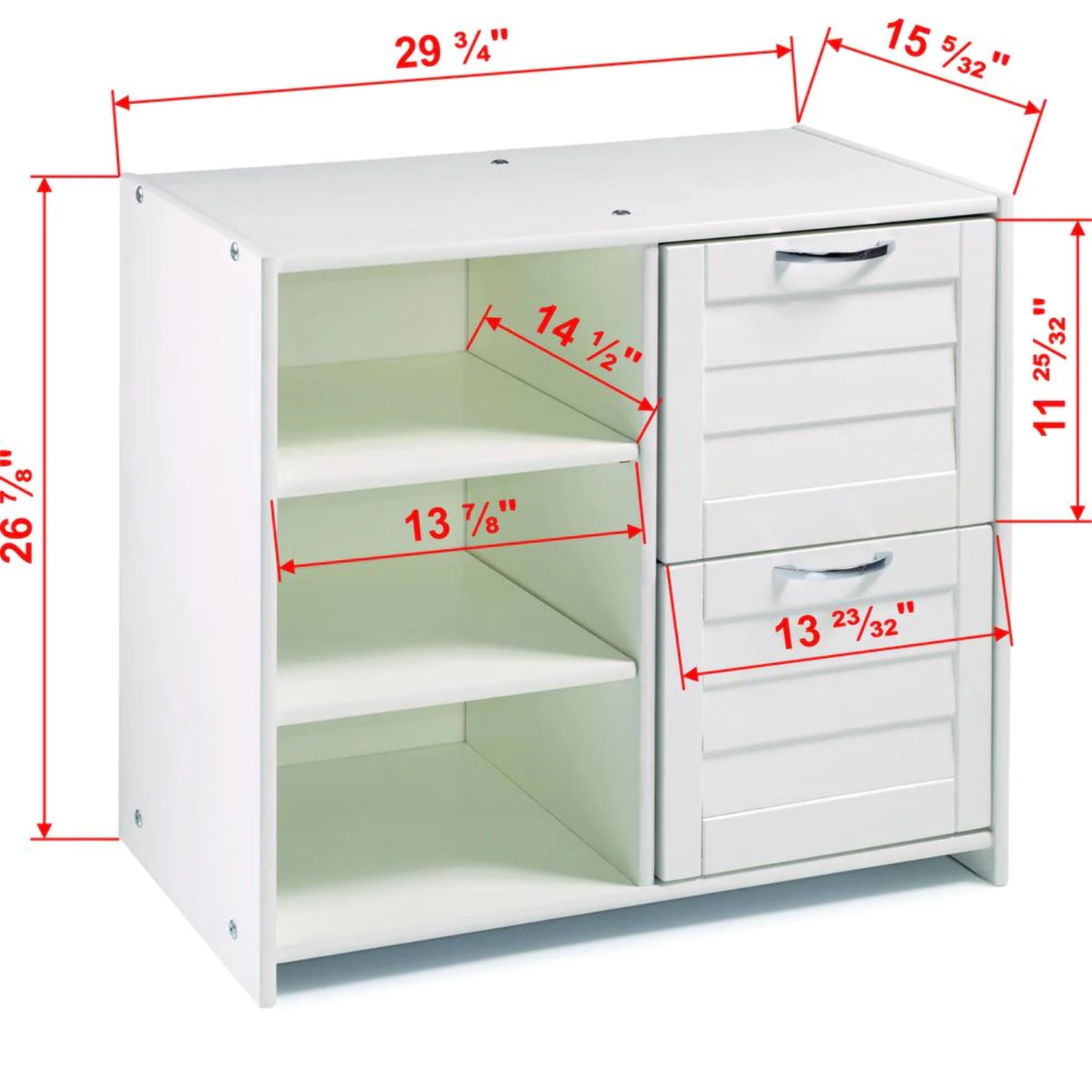 Pine Wood White 2-Drawer Low Loft Chest with Shelves
