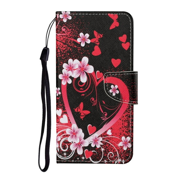 Allytechgroup for Samsung Galaxy A06 Flip Case, Rich Pattern with Card Slots and Credict Slots Magnetic Clasp Soft Shockproof Leather Protective Case with Lanyard - Heart Flower
