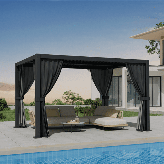 Louvered Pergola 10'13', Aluminum Pergola with Adjustable Roof, Pergolas with Curtains and Netting, Modern Outdoor Pergolas for Patio, Deck, Backyard, Black