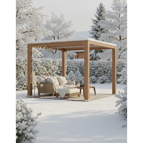 Louvered Pergola 10 ft x10', Outdoor Pergola with Adjustable Louvered Roof, Reinforced Aluminum Frame, Integrated Drainage System, Hardtop Gazebo for Patio, Deck, Wood Grain