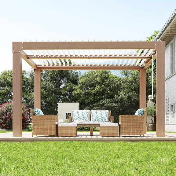 Louvered Pergola 10x10FT/10x12FT/10x20FT/12x20FT Outdoor Pergola with Adjustable Louvered Roof, Reinforced Aluminum Frame, Integrated Drainage System, Hardtop Gazebo for Patio, Deck, Wood Grain