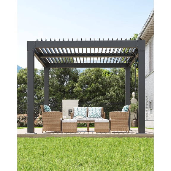 Louvered Pergola Backyard Patio Garden Sheds 10 x10 Ft, Outdoor Pergola with Adjustable Louvered Roof, Integrated Drainage System, Reinforced Aluminum Frame, Hardtop Gazebo for Patio, Deck, Gray