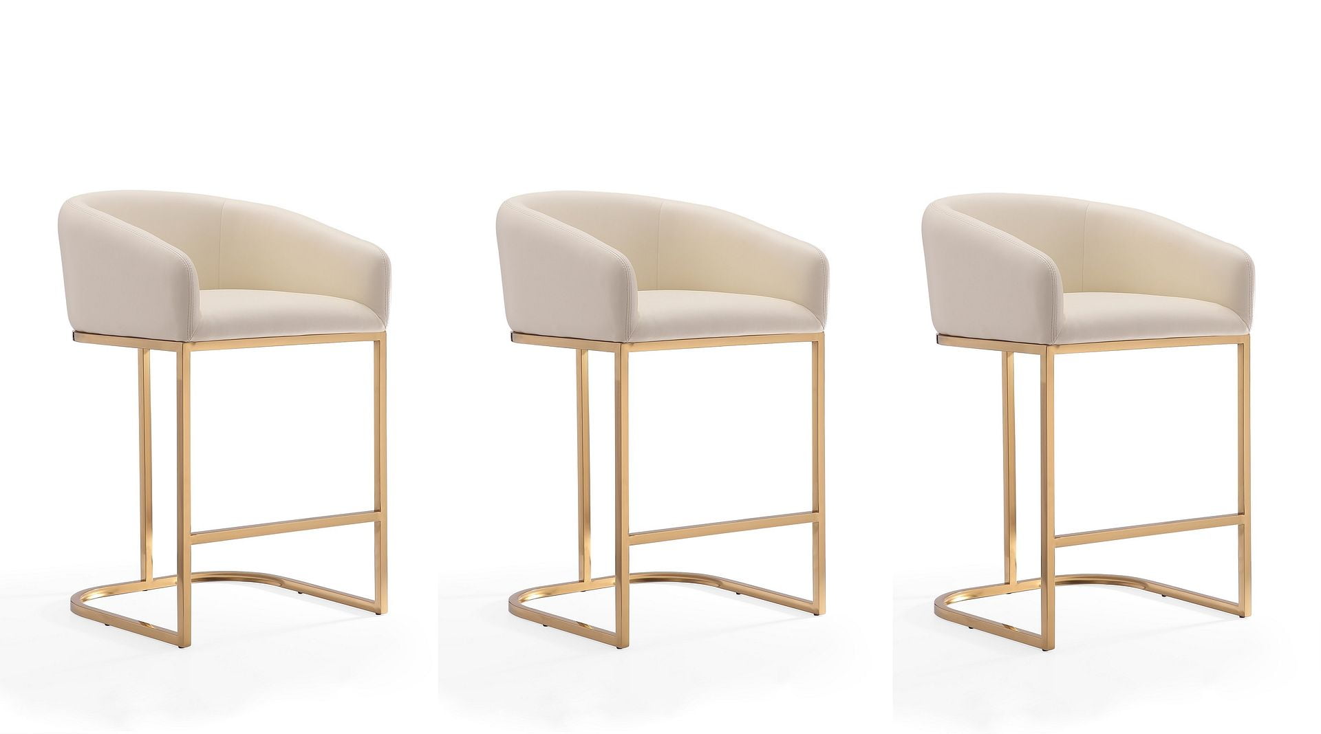Elegant Mid-Century Cream Leather Bar Stool with Gold Pedestal Base, Set of 3