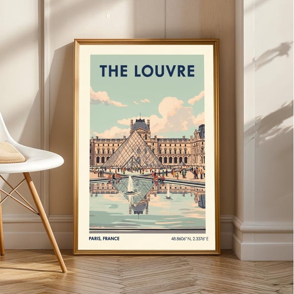 Louvre Pyramid Paris Print: Sky Blue & Beige Gouache French Architecture, Unframed Canvas Size 8x12