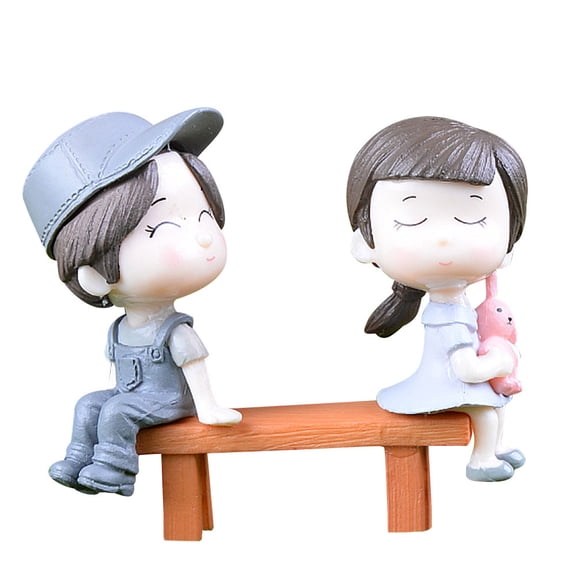 Lovable Couple Stool Figurines Set, 2 Gray Doll Decor Plus 1 Matching Mini Bench, Ideal For Wedding Anniversary Bedroom Living Room Shelf Decor