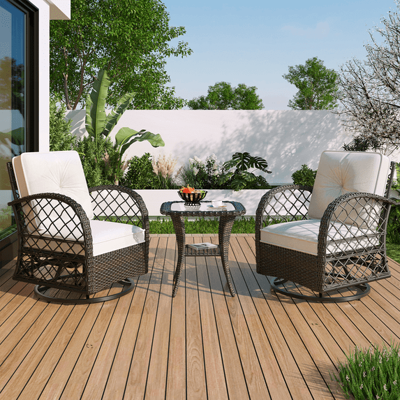 Lovableguy 3-Piece Rattan Patio Furniture Set,Outdoor Seating Patio Swivel Chairs with Thick Cushions and Glass Top Square Table,Patio Conversation Sets for Garden,Balcony,Backyard,Brown
