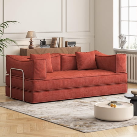 Lovableguy Chenille Folding Sofa Bed,Convertible King Size Couch Bed with Removable Backrest,Compression Floor Couch for Living Room,Orange