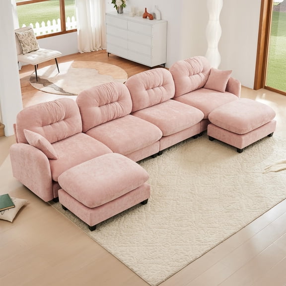 Lovableguy Chenille Modular Sectional Sofa with 2 Ottomans,Modern Upholstered 4 Seater Modular Cloud Couch with Deep Seat and Tufted Backrest,U-shaped Sofa for Living Room Apartment,Pink