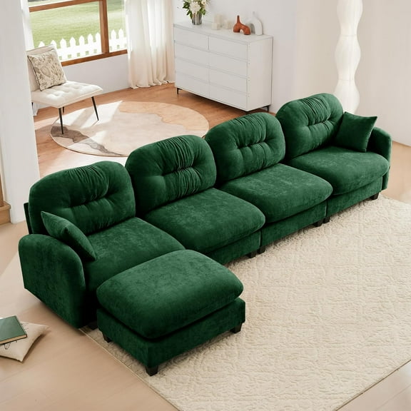 Lovableguy Chenille Modular Sectional Sofa with Ottoman,Modern Upholstered 4 Seater Modular Cloud Couch with Deep Seat and Tufted Backrest,L-shaped Sofa for Living Room Apartment,Green