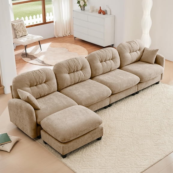 Lovableguy Chenille Modular Sectional Sofa with Ottoman,Modern Upholstered 4 Seater Modular Cloud Couch with Deep Seat and Tufted Backrest,L-shaped Sofa for Living Room Apartment,Camel