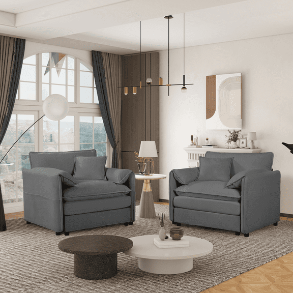Lovableguy Chenille Oversized Accent Chairs Set of 2,Comfy Arm chairs Set of 2 With Extra Deep Seat and Side Pockets,Single Sofa Chair Reading Chairs for Bedroom,Living Room,Grey