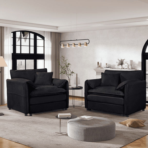 Lovableguy Chenille Oversized Accent Chairs Set of 2,Comfy Arm chairs Set of 2 With Extra Deep Seat and Side Pockets,Single Sofa Chair Reading Chairs for Bedroom,Living Room,Black