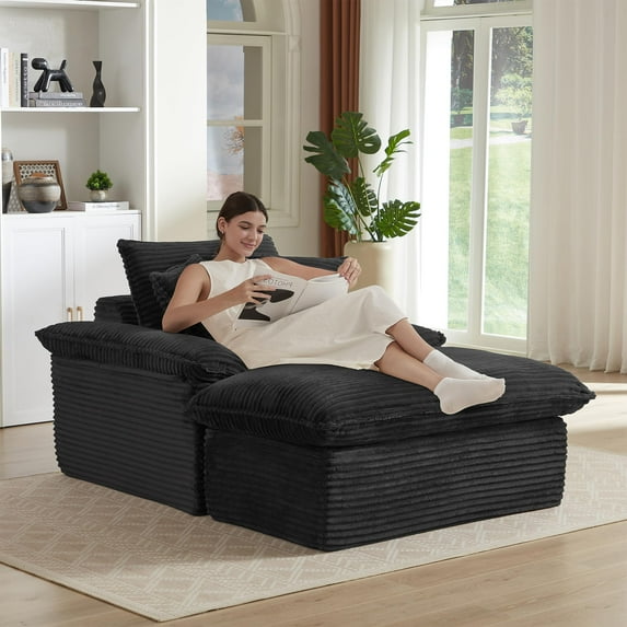 Lovableguy Chenille Oversized Chaise Lounge Chair Indoor with Ottoman,Corduroy Deep Seat Lounge Sofa Chair,Comfy Reading Chair for Living Room,Bedroom,Dark Gray