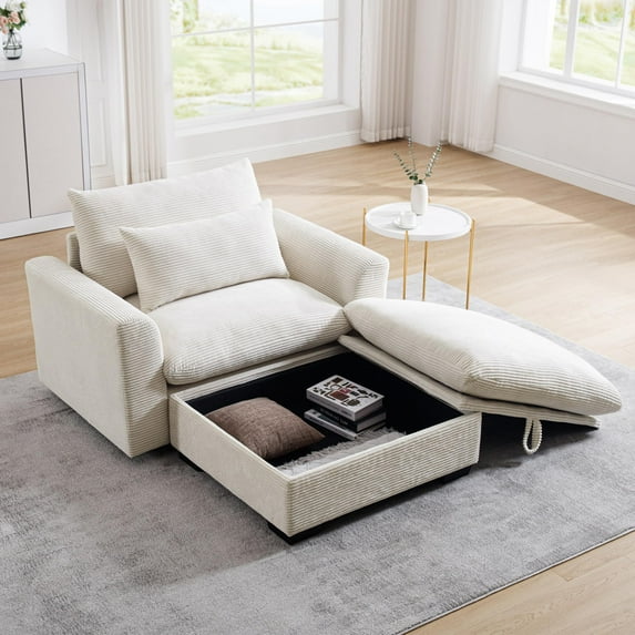 Lovableguy Corduroy Oversized Accent Chair with Storage Ottoman,Comfy Upholstered Armchair,Deep Seat Single Sofa Chair for Living Room Bedroom Apartment,Beige