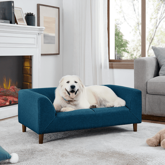 Lovableguy Dog Couch bed for Small and Medium Dogs,Comfy Linen Dog Sofa Bed with Backrest and Armrest Indoor Living Room,Blue