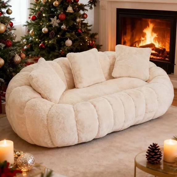 Lovableguy Floral-shaped Bean Bag Couch for Adults,Soft Faux Fur Loveseat Boneless Floor Sofa with 3 Pillow for Small Space,Bedroom,Apartment,Beige