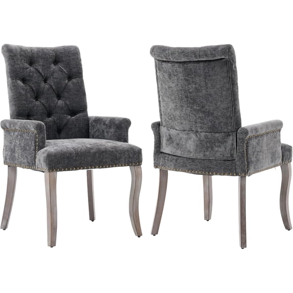 Lovableguy Mid Century Chenille Dining Chairs Set of 2,Upholstered Tufted Kitchen Side Chairs with Armrests and Solid Wood Frame & Legs,for Dining, Kitchen & Living Room,Gray